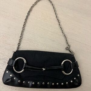 Gucci Black horsebit Leather Shoulder Bag with Silver Chain